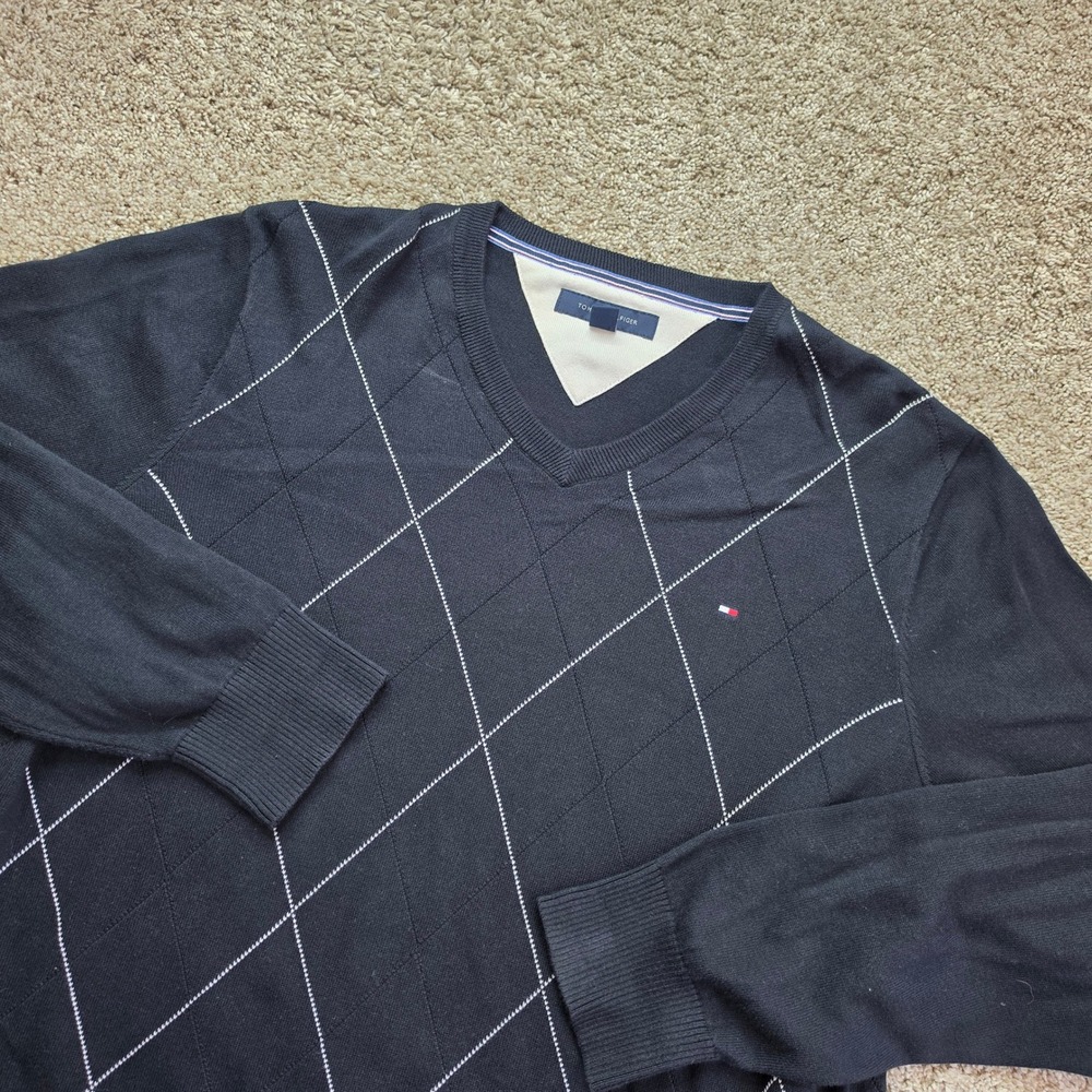 Tommy Hilfiger V-Neck Sweater Mens XL Navy Blue Cotton Argyle Diamond Preppy